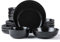ARORA SKUGGA Round Stoneware 16pc Double Bowl Dinnerware Set for 4, Dinner Plates, Side Plates, Cereal Bowls, Pasta Bowls - Matte Black (467586)