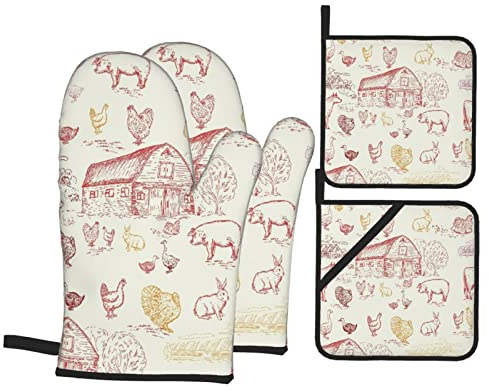 Handschuhe Und Topflappen Set Tiere Auf Dem Bauernhof Nahtlose Muster Kühe Gänse Hühner Schweine Bauernhaus Ofenhandschuhe Mit Aufhängeschlaufe Topfhandschuhe rutschfest Kochhandschuhe