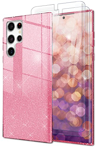 NALIA Set [3-in-1] kompatibel mit Samsung Galaxy S23 Ultra Hülle, [1x Glitzerhülle & 2X Displayschutz] Glänzende Glitzer Hybrid Schutzhülle Verstärkte Silikon Handyhülle, Glitter Cover, Farbe:Pink