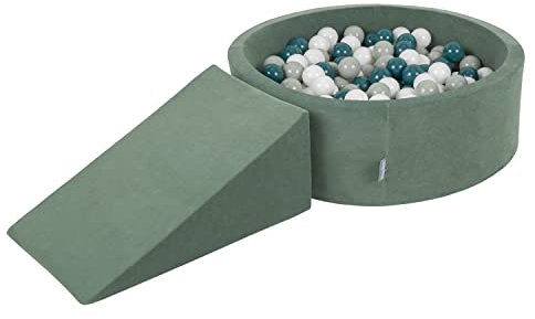 KiddyMoon Velvet Aire De Jeux en Mousse avec Rond Piscine À Balles pour Enfants (200 Balles), Vert Forêt: Turquoise Foncé/Gris De Vert/Blanc