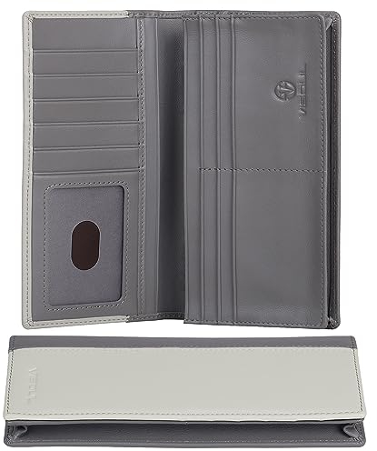 VISOUL Portafoglio a Libro Degli Assegni Lungo in Vera Pelle con Blocco RFID, Portafoglio Bifold Verticale per Uomo con Ttasca a Cerniera e 11 Scomparti per Carte di Credito