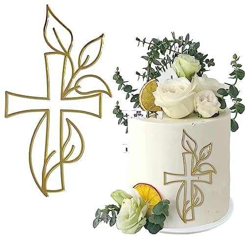 WOOXDYUK 1 pieza de decoración para tartas con forma de cruz, decoración de tarta de oro acrílico, efecto espejo iridiscente para bodas, cumpleaños, Navidad, fiestas y más, cruz y hojas