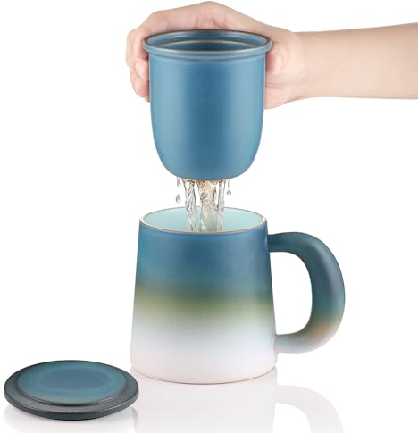 ecooe Tazza da tè con colino da tè e coperchio, 420 ml (piena capacità), in ceramica, con colino da tè, per tè sfuso, blu e bianco, con manico