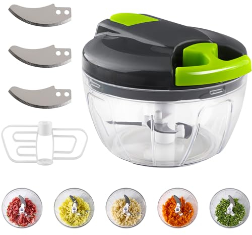 Mini Hachoir Manuel, Mezzar 520ML Mixeur Manuel Multifonction, Coupe Oignon Legume Hachoir avec Acier Inoxydable 3 Lames Et 1 Mélangeur pour l'ail Viande Fruit Carotte