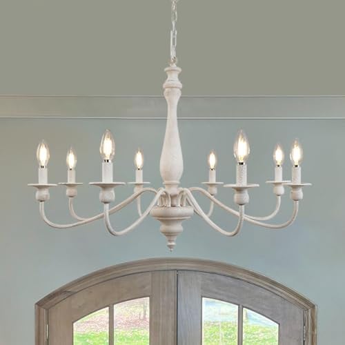 KMaiPem Weiß Vintage Holz Kronleuchter, 8 Lichter Französische Landhaus Eisen Hängelampe Wohnzimmer, Höhenverstellbarer Bauernhaus Pendelleuchte für Schlafzimmer, Küche, Esszimmer, Flur