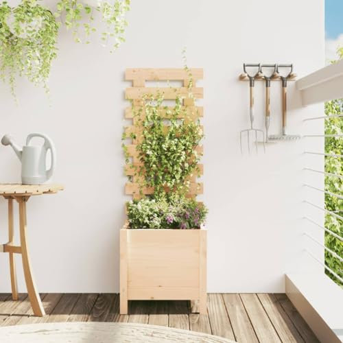 Gecheer Fioriera Giardino con Rastrelliera,Fioriera da Esterno,Fioriera con Traliccio,Fioriera con Spalliera Separè,Letto Rialzato,Grigliato 39x39,5x114cm Massello Pino