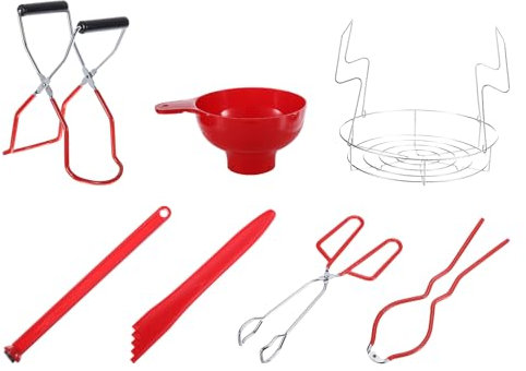 sourcing map Home Canning Kit Tools Set, 7 Pieces Canning Supplies Kits with Canning Jar Lifter Tongs, Can opener, Canning Jar Rack, Food clamp, Bubble Popper, Jar Lifter, Canning Funnel, Red