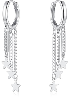 Cangall Silber Creolen Ohrringe Quaste, 925 Sterling Silber Damen Ohrringe Creolen mit Stern Quastenkette, Klein Knorpel Schlafen Silber Creolen Ohrringe Hängend Quaste Baumeln für Frauen Mädchen