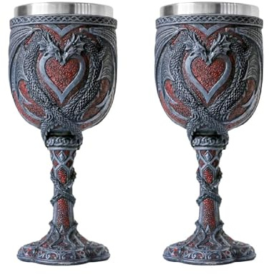 Fellflying 2 Stück Mittelalterlicher Doppeldrachen-Weinkelch, 200 Ml Drachenkelch, Edelstahl-Drachen-Weinkelch, Dungeons-And-Dragons-Weinkelch, Kreatives Kelchgeschenk Für Versammlungspartys