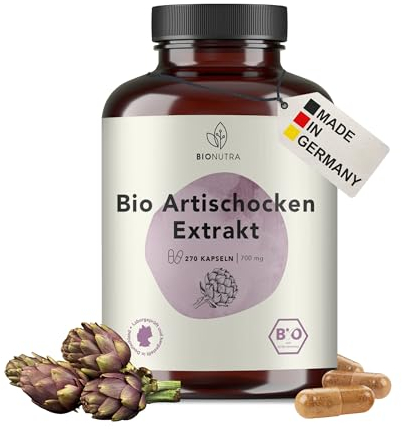 BIONUTRA® Bio Artischockenextrakt Kapseln hochdosiert, 3000 mg Tagesdosis, 2,5% Cynarin, rückstandskontrolliert, deutsche Herstellung, ohne Zusätze, Artischocken aus Frankreich, 270 x 700 mg