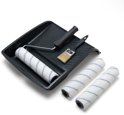 Malerset 5tlg für mittelgroße Flächen - Farbroller 25cm + 2 Ersatzrolle + Farbwanne + Pinsel 50mm