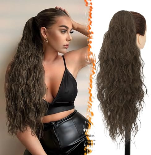 BARSDAR Pferdeschwanz Haarteil Braun, Pferdeschwanz mit Kordelzug für Damen - 66cm Lang Lockige Wellige Zopf Pferdeschwanz Haarverlängerung Synthetik Clip in Ponytail Extension - Helles Braun