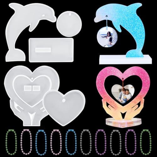 Voyyphixa 2 Set Bilderrahmen Silikonformen Epoxidharz Herzform Fotorahmen Silikonformen Gießformen Tier Delfin Picture Frame Mold Harzform Silikonformen für DIY Haus Dekoration