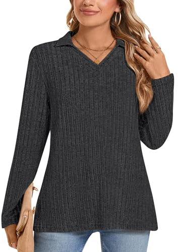POPYOUNG 2025 Fall-Winter Ladies Long Sleeve Tops V Neck Lightweight Sweatshirt Ribbed Blouse for Leggings L, Black