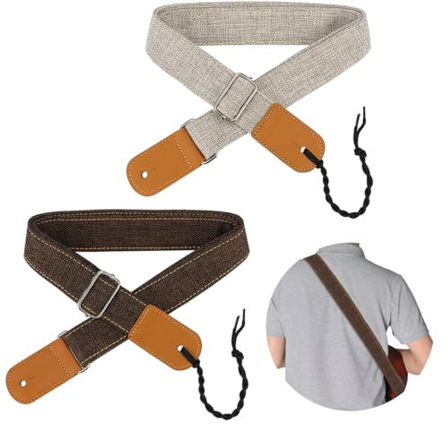 FERCAISH 2 Stück Ukulele Gurt, Western Guitar Strap, Country Style Baumwolle Gitarrengurt mit Leder Enden, Verstellbarer Banjo-Gurt, für E Bass Kleine Gitarre (Grau+Braun)
