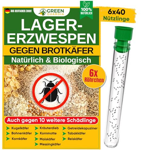 GREEN GUARDIA Lagererzwespen gegen Brotkäfer - 6 Röhrchen à 40 Nützlinge - effektiv Kornkäfer, Messingkäfer, Speckkäfer UVM. bekämpfen. Alternative zu Brotkäfer Falle und Kornkäfer Falle
