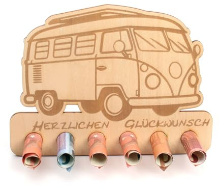 Kreative Feder Geldgeschenk Bulli & Camping zum Geburtstag - Geldscheinhalter aus Holz in originellem Design mit 6 Löchern für Geldscheine (Van)