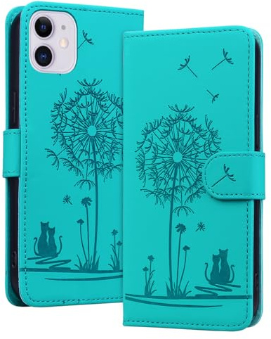LEINOTWANCH Flip Wallet Case for iPhone 12/12 Pro Cover With Card Holder | Dandelion with Cat,Magnetic,PU Leather+TPU inner case,Kickstand,3 Card Slots+Cash Pocket+Wrist Strap,Protective,Green