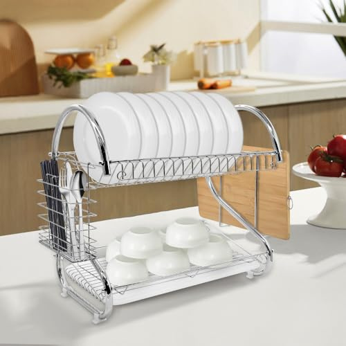 Scolapiatti a Due Piani Argento,Scolapiatti a 2 Livelli, Multifunzionale,Portabicchieri Porta Scodella , Cremagliera Portautensili(40*26*37 cm (gabbia per bacchette + rastrelliera per tagliere))