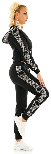 TA Fashion Damen Jogginganzug 2-Teiler Sport Fitness Freizeit Jacke und Hose Strass Nieten Skull Kapuze (DE/NL/SE/PL, Alphanumerisch, M, L, Regular, Regular, Schwarz-7171)