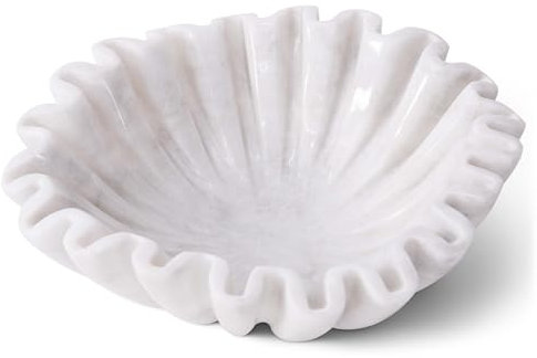 SPESHSTONES Marble Ruffle Bowl 8 Inch White Stone Large Decorative Fruit Holder for Kitchen Counter & Dining Table Centerpiece - Modern Fluted and Scalloped Bowls for Coffee Tables & Home Decor