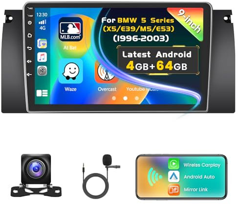 [4+64GB] Inefala Android 15 Autoradio pour BMW 5 Series (X5/E39/M5/E53) 1996-2007, 9 Pouces écran Tactile Poste Radio avec Wireless Carplay Android Auto GPS WiFi RDS Bluetooth Caméra de Recul & Mic