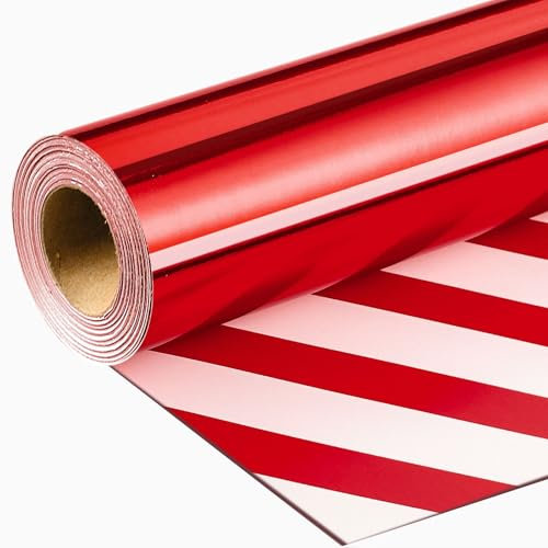 Wikadlik Mini rouleau de papier cadeau réversible à rayures rouge métallisé pour anniversaire, Saint-Valentin, Noël, Nouvel An - 43 cm x 10 m