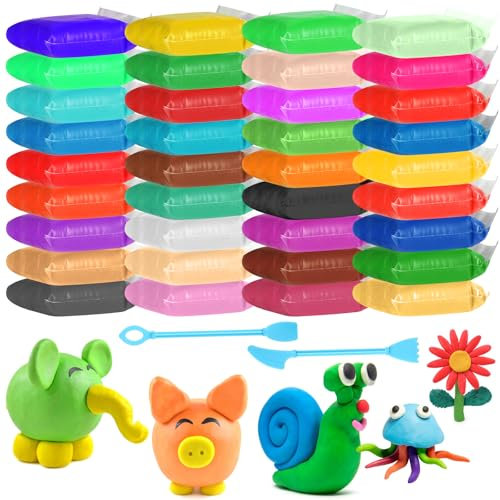 Atliberswo 36 Farben Modelliermasse Lufttrocknend, Air Dry Clay Set mit 2 Modellierwerkzeug, Lufttrocknender Ton für Kinder ab 3-12 Jahren