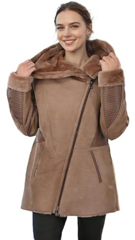 Hollert Lammfelljacke Lena Beige Damen Winterjacke Felljacke kuschelig weich & warm Echtleder mit Kapuze