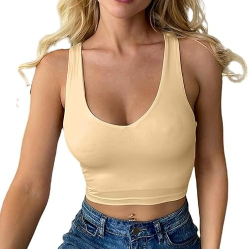 Label Mark Sexy Décolleté Débardeur Sans Manches Été Hauts Slim Fit Sport Crop Tops Corset Top Basic Shirt Camisole Vêtements Enceintes Femme, kaki, S