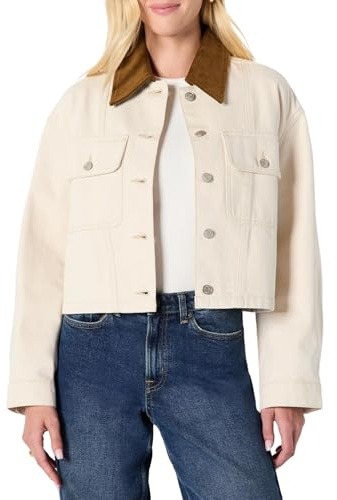 Amazon Essentials Veste Courte en Denim avec Col en Velours Côtelé Contrasté, Coupe Surdimensionnée Femme
