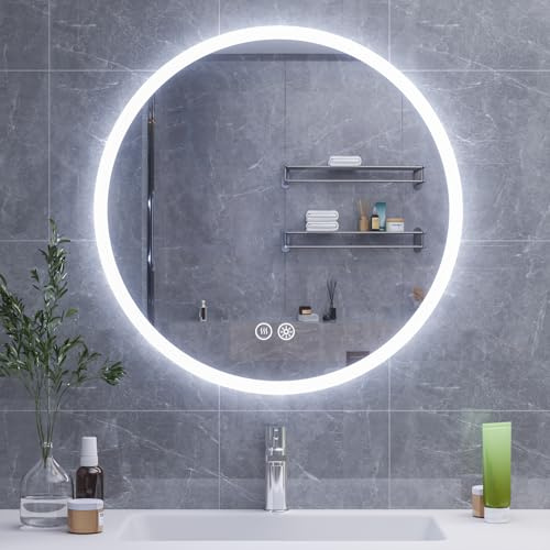 HySail Badspiegel mit Beleuchtung, 5mm Hochauflösender Silber-Spiegel, 3 Farbtemperaturen & Dimmbare Helligkeit, Wandspiegel mit Touch-Schalter & Anti-Beschlag, Rund