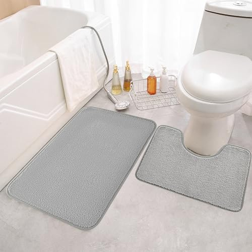Badezimmerteppich Set 2 Teilig, Mikrofaser Badematte Rutschfest und WC Vorleger mit Ausschnitt, Waschbar Badvorleger Set, Klein Badematten Für Badezimme, Freistehende Toiletten, 50x80+50x40 cm Grau