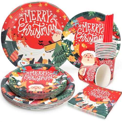 PARTY GO 125 Pezzi Piatti Natalizi Usa e Getta, Piatti Carta e Bicchieri Tovaglioli Natalizi Motivo Babbo Natale Rosso Stoviglie Monouso per Feste Servizio da 25 Persone