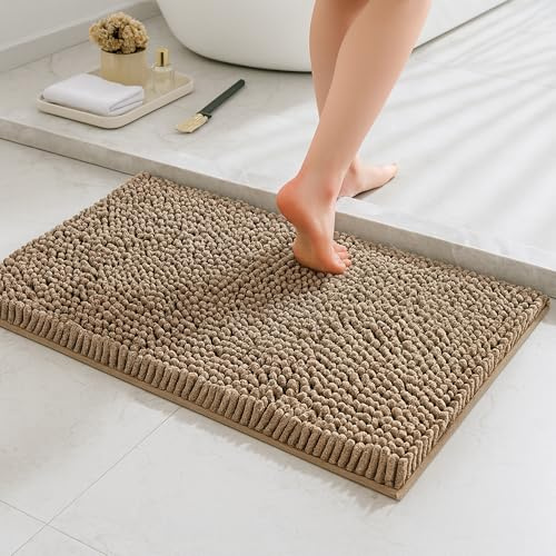 Lions Chenille Bath Mat - 50x80 cm - Extra Soft Non Slip Bathroom Mat, Super Absorbent Fluffy Absorbent Bathmat for Bathroom Floor, Machine Wahsable, Quick Dry Rug Foot Mats, Camel