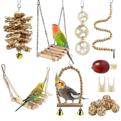 CHALVIOR Giocattoli per pappagalli per uccelli, 18 pezzi accessori per gabbia per uccelli, Altalena, Amaca, Campanelli, Giochi da Masticar, per Pappagallini, Canarino, Ara Piccoli Taglia