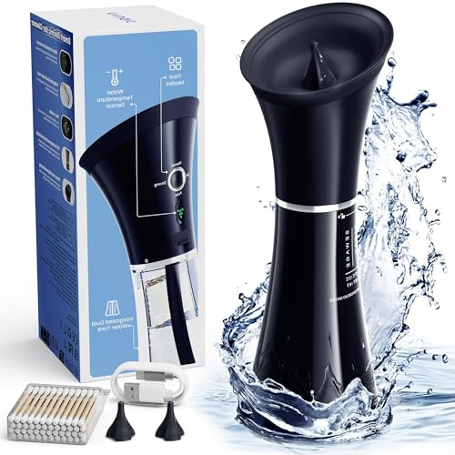 KAUGIC Electric Ear Wax Removal Kit with One-Piece Waste Tank, Home Use | One-Handed Ear Cleaner with Water Temperature Sensor for Adults, 4 Pressure Modes, IPX7 Waterproof, Transparent-Black