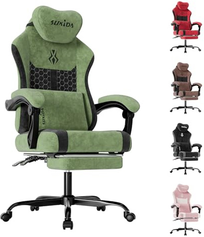 SUKIDA Gaming Stuhl, Ergonomischer Schreibtischstuhl mit Fußstütze Kopfstütze und Lendenkissen, Schreibtischstuhl mit Stoffoberfläche Hochwertiger - Stoff,Grün