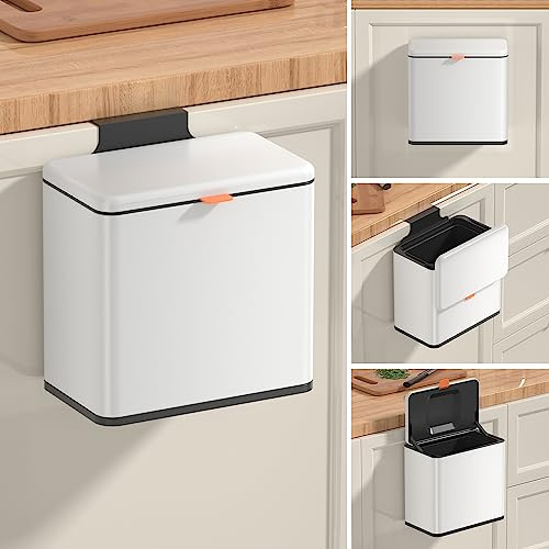Mbillion Küchenkomposteimer, hängender Mülleimer mit Deckel, 4L/1,05 Gallonen, Edelstahl-Mülleimer für Küchenschranktüren, montierter unter der Spüle, Tür, Wohnmobil, Badezimmer (Weiß, 4L)