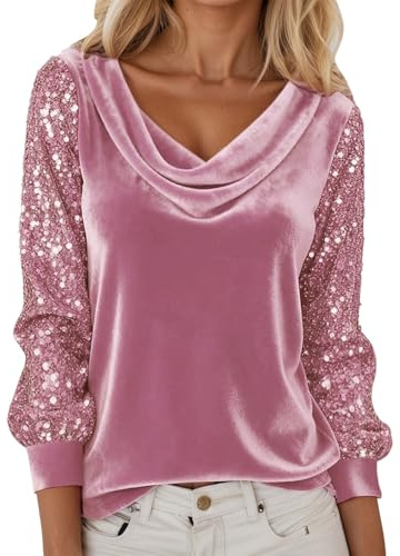 Chemisier en Velours Femme T-Shirts Manches Longues Chic Et Elegant Haut Paillettes Col Bénitier Tunique Tee Shirt Décontracté Tshirt Grande Taille Chemise Blouse Mode Streewear Sweatshirts