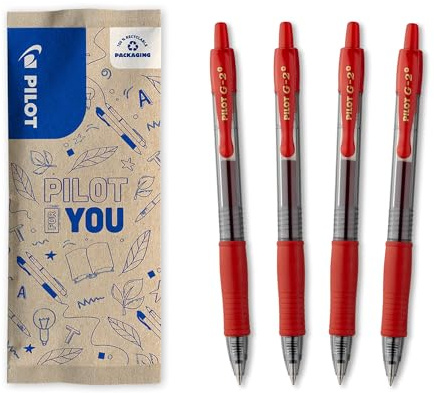 PILOT - 4er-Set G2 Plus - Gel-Roller-Stifte - Nachfüllbar & mit Druckmechanik - Ideal für Korrekturen und Lehrer - Hervorragender Schreibkomfort - Rot - Mittlere Spitze