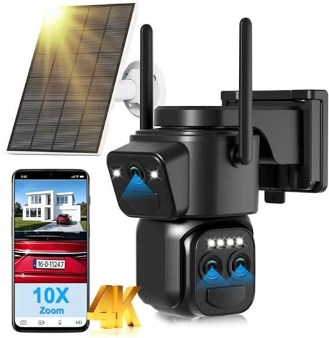 10X Zoom 4K Solar Security Camera Outdoor Wireless, 2.4GHz WiFi 360° PTZ Cameras for Home Security with Triple Lens, Auto Tracking, Motion Detection, Siren, Color Night Vision, 2-Way Audio, IP66