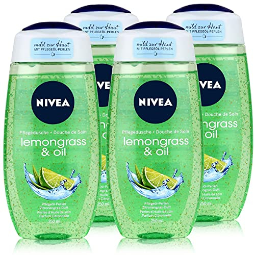 NIVEA 4er Pack Duschgel mit Pflegeöl-Perlen, Limonengras Duft, 4 x 250 ml Flasche, Lemongras & Oil