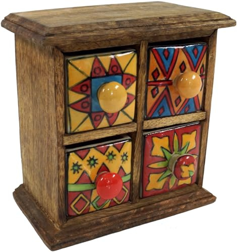 Apothekerschränkchen mit bunten Keramik Schubfächern, 2*2 Fächer | Handgefertigtes Schubfachschränkchen aus Shishamholz, ideal für Gewürze, individuelle Gestaltung, Platz für Kleinkram.