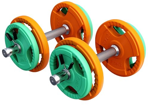 GORILLA SPORTS® Kurzhantelset 20 kg, 2er Set, Gusseisen, Gummi Gripper | 30 mm, 4 x 1,25 kg und 4 x 2,5 kg Hantelscheiben, mit Stern- oder Federverschlüssen und gerändeltem Griff; Kurzhanteln