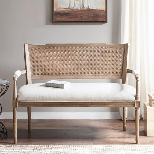 Madison Park Willshire Natural Rattan Settee, Upholstered Seat - Charming Country Design, Rustic Reclaimed Wood Finish, Ratan Insert Backrest & Padded Arm Rest, 47.25 Wide Beige/Reclaimed Natural