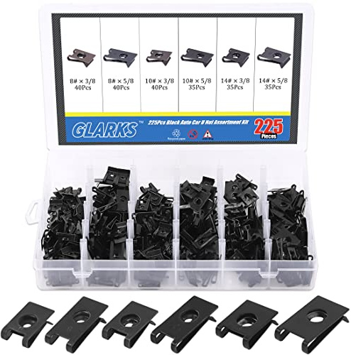 Glarks 225Pcs U Nut Assortment Kit, 6 Size Black Auto Car U Clips for Dash Door Panel Interior