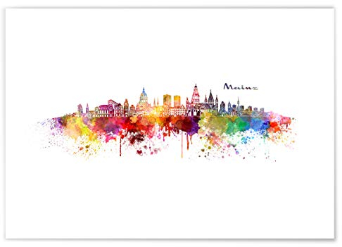 JUNIWORDS Poster mit/ohne Holzrahmen, Wähle ein Motiv, Aquarell Skyline Mainz, Wähle eine Größe, 30 x 40 cm (M) ohne Rahmen