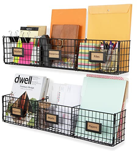Wall35 Amalfi Hanging File Folders Office Desk Organizer Wall Mount Wire Basket Storage Magazine Holder 3 Sectional Set of 2 Black