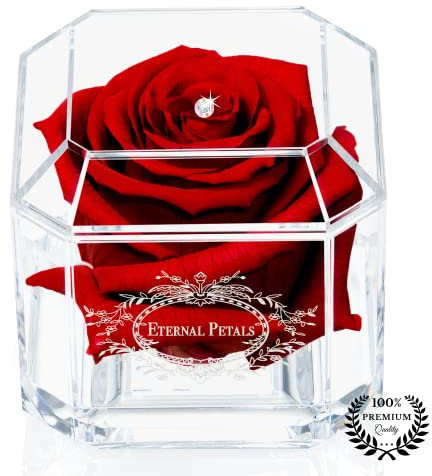A 100% Real Rose That Lasts Years - Eternal Petals, Handmade in London - White Gold Solo with A Multicolor Crystal (Deep Red)
